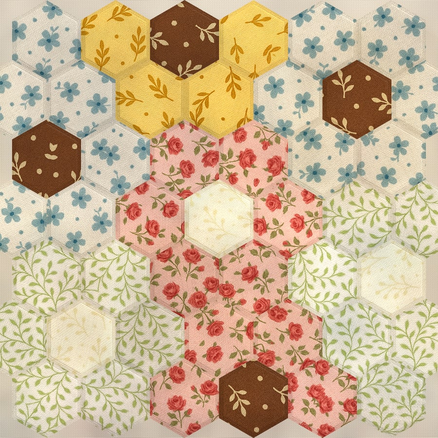 Grandmother's Flower Garden, pieced in printed cotton