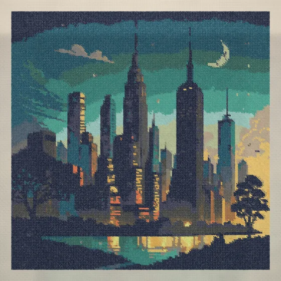 Cross-stitch city skyline pattern